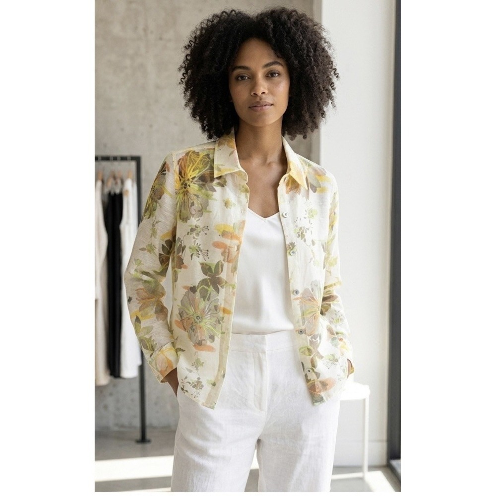A La Carte Sz L Button Up Semi-Sheer Long Sleeve Floral Hippy Tropical Org.$177 - Picture 1 of 8